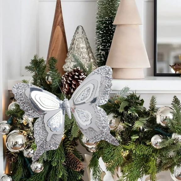 Glittered Butterfly Christmas Tree Ornaments, Elegant Silver White 3D Decorative Butterflies for Holiday Decor, Festive Wall & Tabletop Decorations for Xmas Party, Wreaths and Home Beautifying