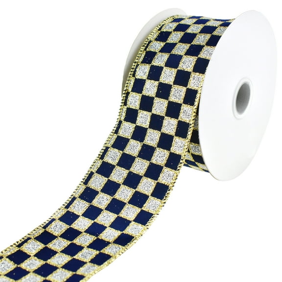Glittered Checker Board Wired Ribbon, 2-1/2-Inch, 10-Yard - Navy Blue/Silver