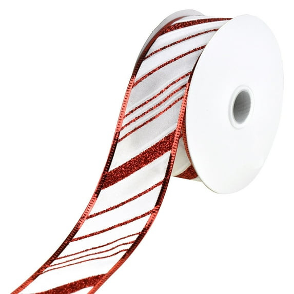 Glittered Christmas Diagonal Stripes Wired Ribbon, 1-1/2-Inch, 10-Yard - White/Red