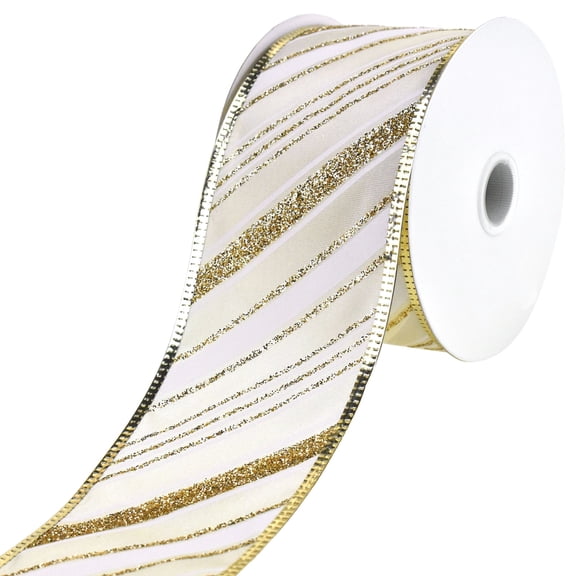 Glittered Christmas Diagonal Stripes Wired Ribbon, 2-1/2-Inch, 10-Yard - Ivory