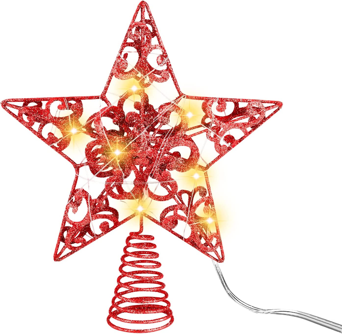 Glittered Christmas Tree Topper with LED Lights 10 Inches Light Up Star