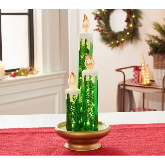 Glittered Illuminated Mercury Glass Candle Trio by Valerie in Green