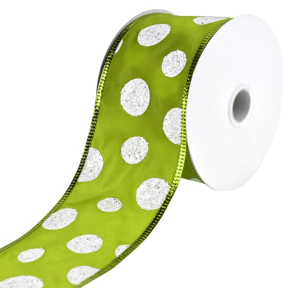 Glittered Jumbo Polka Dots Satin Wired Ribbon, 2-1/2-Inch, 10-Yard - Kiwi
