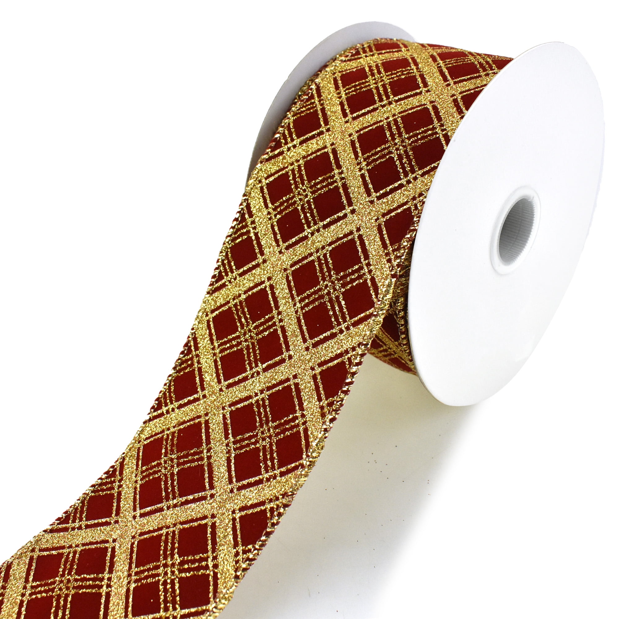 Glittered Lattice Velvet Wired Ribbon, 2-1/2-Inch, 10-Yard (Scarlet/Gold)