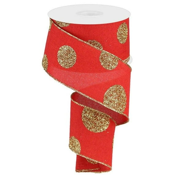 Glittered Multi Dots Wired Ribbon: Christmas Red Gold, 2.5X10YD