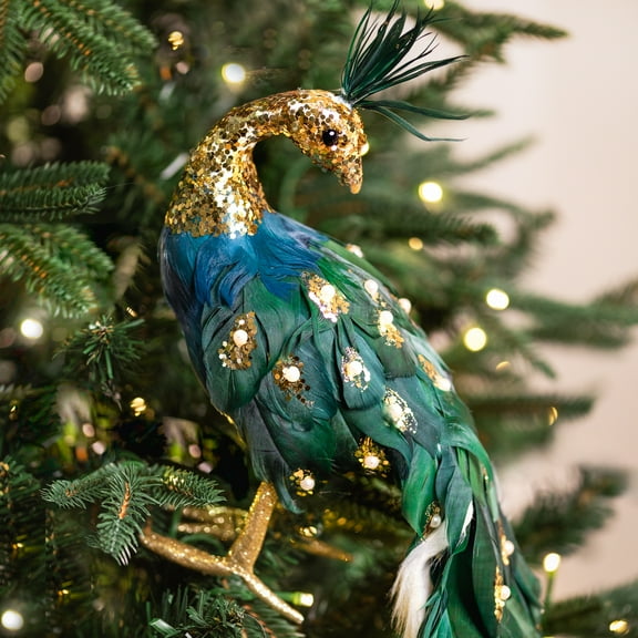 Northlight Glittered Peacock with Faux Pearls Christmas Decoration - 22" - Green