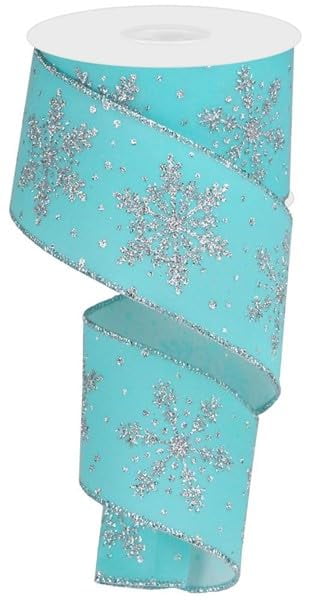 Glittered Snowflakes Wired Ribbon - Velvet Feel - Ice Blue Silver - 2.5 Inches x 100 Feet (33.3 Yards)