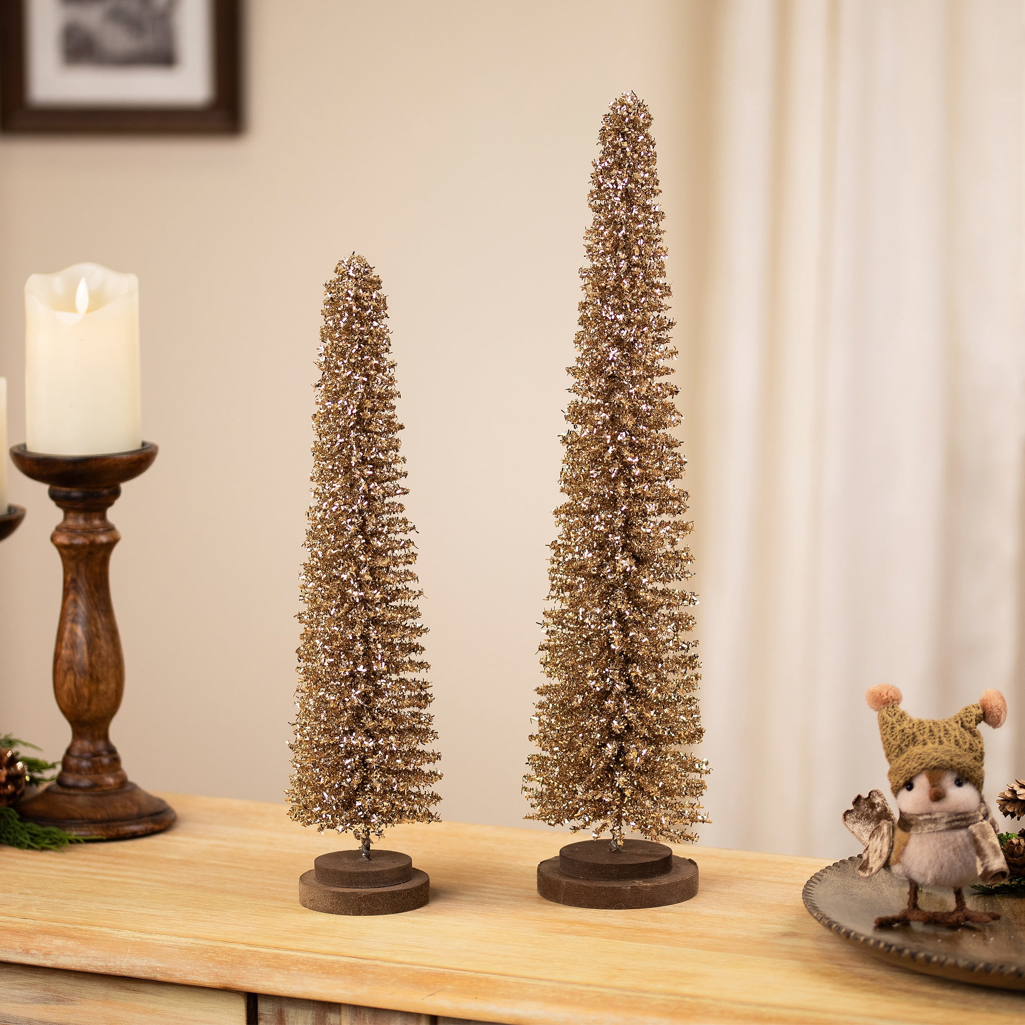 Glittered Tinsel Tree Christmas Decorations - 19.5" - Gold - Set of 2