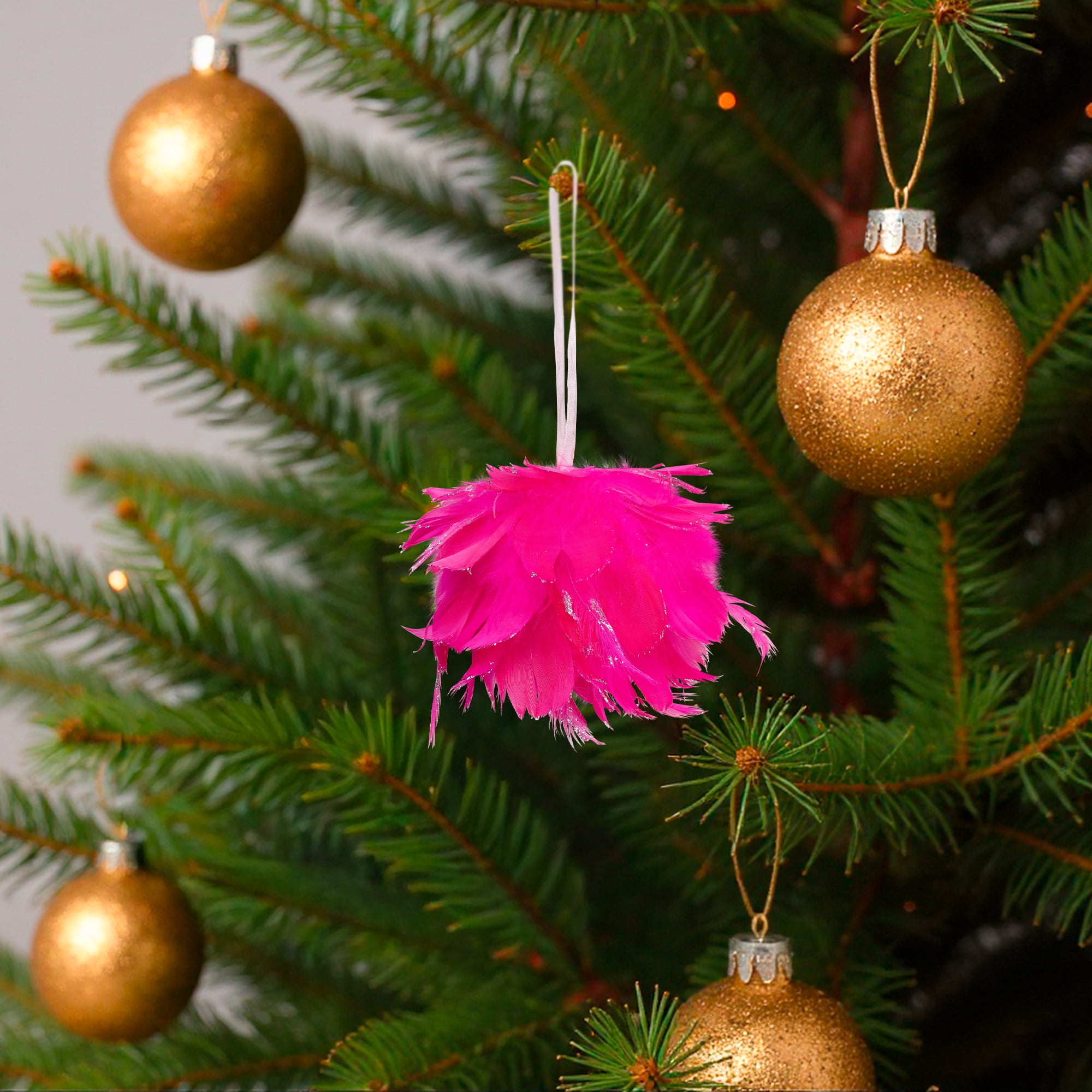 Glittered and Feathered Ball Christmas Ornament - 4" - Hot Pink