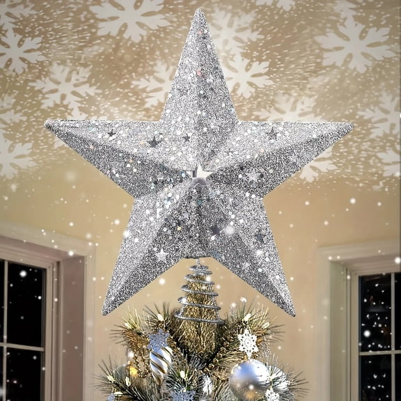 Glittering 3D Silver Star Christmas Tree Topper with Rotating Snowflake Projector Lamp, 9.2ft Cord,Festive LED Lighted Ornament for Xmas Home, Holiday Party