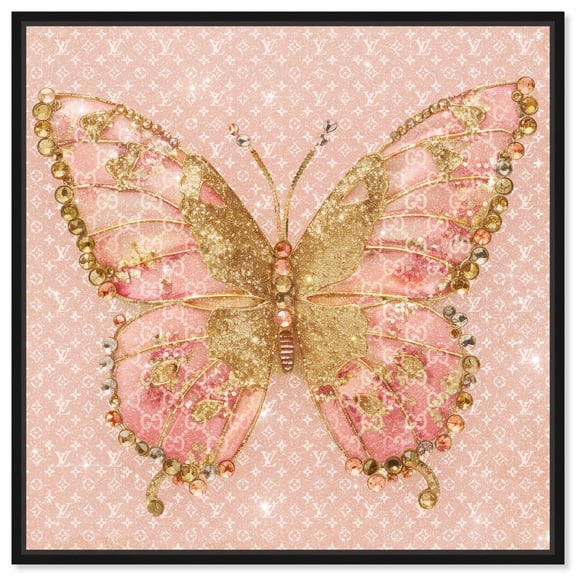 Glittering Elegant Butterfly Blush Canvas Butterfly Art by Art Remedy, Black Frame, 12 x 12
