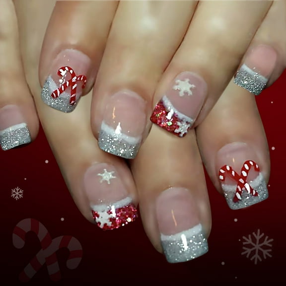 Glittering French Tip Short Snowflake Cane Holiday Design ABS Materials For Festive Occasions