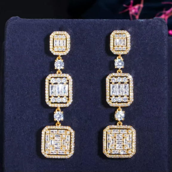 Glittering Full Cubic Zirconia Paved Yellow Gold Long Earrings for Brides Prom