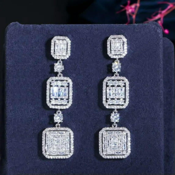 Glittering Full Cubic Zirconia Paved Yellow Gold Long Earrings for Brides Prom