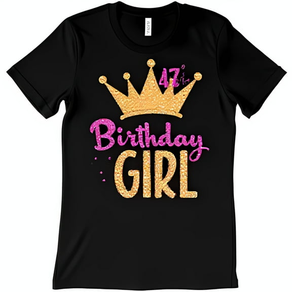Glittering Gold Crown & Pink 47 Birthday Girl Black T-Shirt for Celebrations