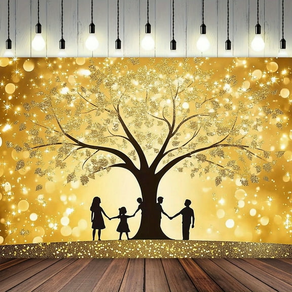 Glittering Golden Tree Family Silhouette Backdrop Gold Family Tree Reunion Photography Background Welcome Family Gathering Banner Supplies Photo Props