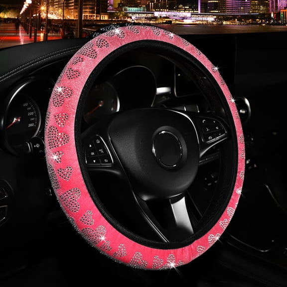 Glittering Heart-Shaped Plush Car Steering Wheel Cover for 14.5-15inch