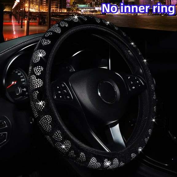 Glittering Heart-Shaped Plush Car Steering Wheel Cover for 14.5-15inch