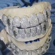 Glittering Hip Hop Cubic Zirconia Teeth Grills - 16 Piece Top & Bottom Set for Rappers and Cosplayers - Premium Punk Tooth Caps, Instantly Transform Your Smile