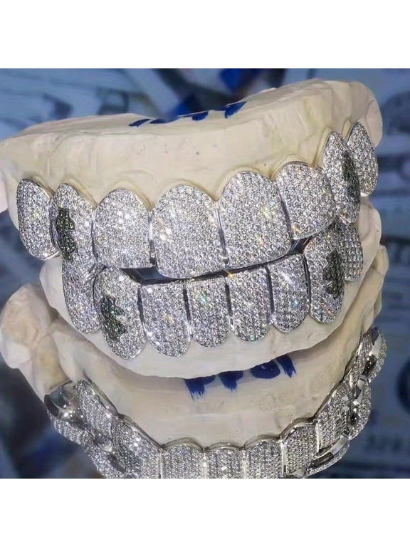 Glittering Hip Hop Cubic Zirconia Teeth Grills - 16 Piece Top & Bottom Set for Rappers and Cosplayers - Premium Punk Tooth Caps, Instantly Transform Your Smile