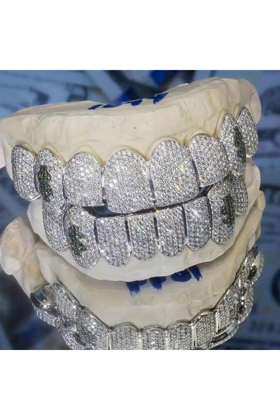 Glittering Hip Hop Cubic Zirconia Teeth Grills - 16 Piece Top & Bottom Set for Rappers and Cosplayers - Premium Punk Tooth Caps, Instantly Transform Your Smile