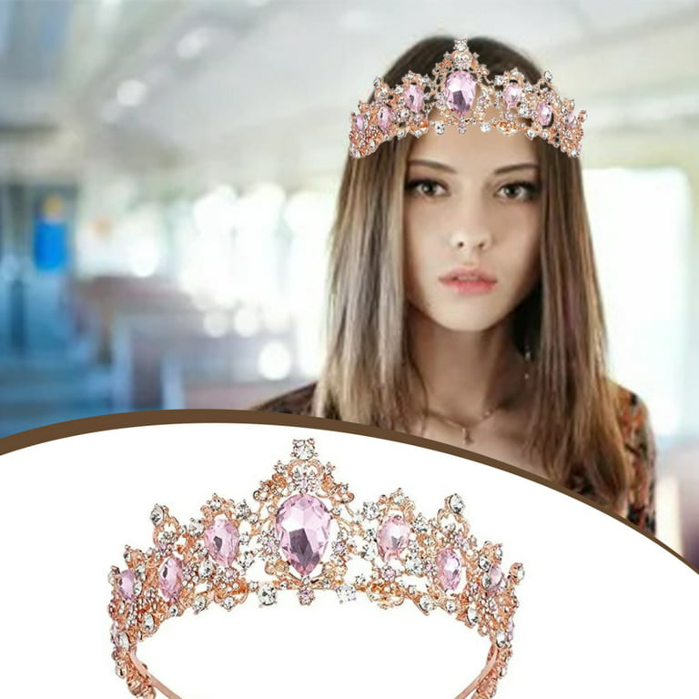 Glittering Royal Queen Crown Semicircle Wedding Tiara Pink Rhinestones  Crown for Bride Bridesmaid Princess Costume 