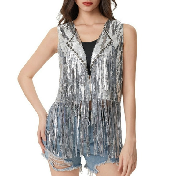 Glittering Sequins Fringe Vest Jackets for Women Shining Top Tassels Sleeveless Cardigan for Western Themed Event Party