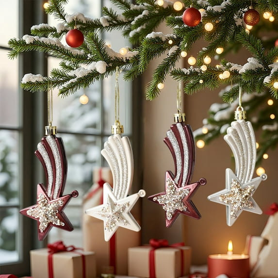 Glittering Shooting Star Christmas Ornaments, 4Pcs Plastic Meteor Decor with Sequined Star for Tree Holiday Party Home Decorations