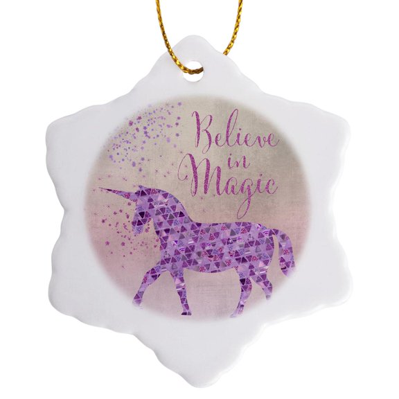 3drose, Glittering Unicorn and Test Believe in Magic, 3 inch Snowflake Porcelain Ornament