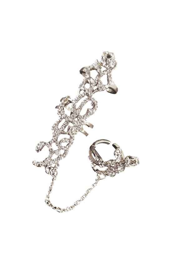 Glittering Vintage Chain Link Rings With Crystals Rhinestones Adjustable Double Finger Jewelry for Women Gifts