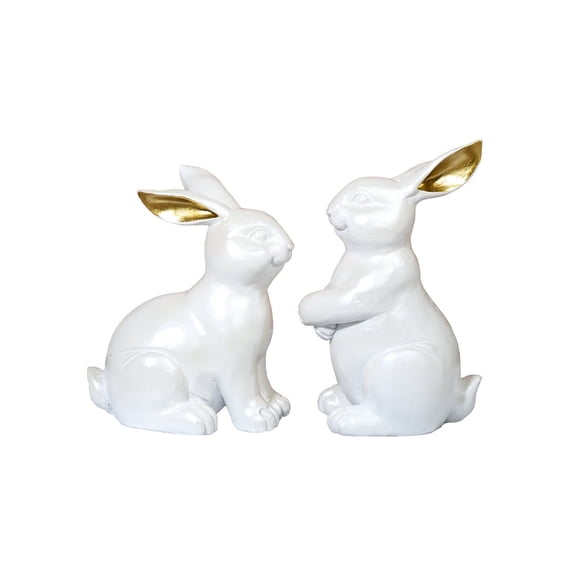 Glittering White Bunny Figurine Set Gold Ear Rabbit Statue For Home Garden Decor