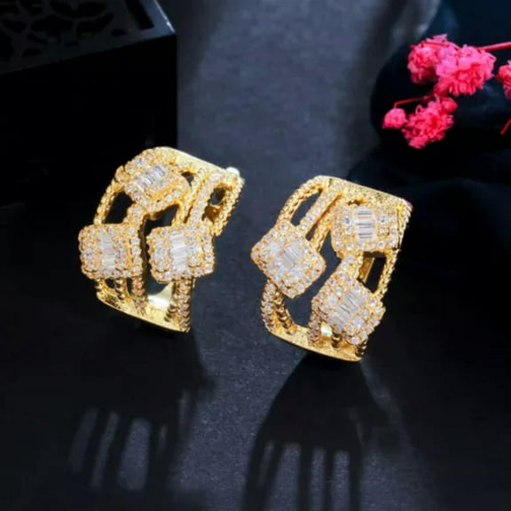 Glittering Yellow Gold CZ Crystal Big Round Hoop Earrings for Wedding Banquet