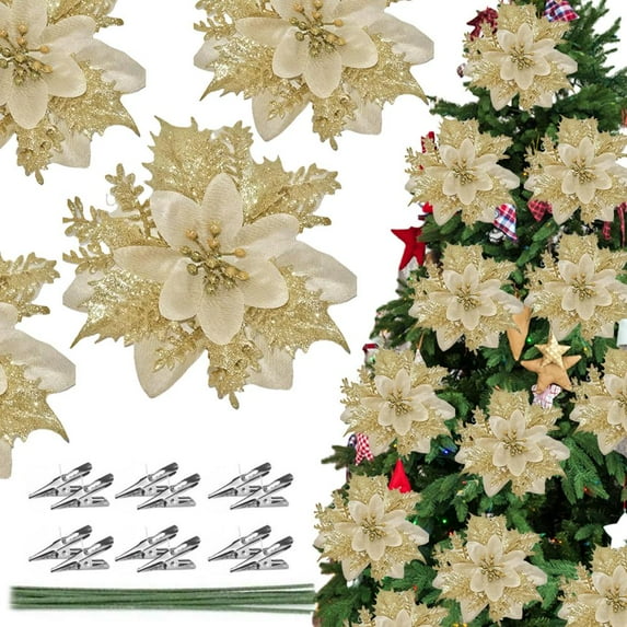 Glittery Artificial Poinsettia Flowers with Metal Clips for Christmas Tree, Wreath, and Garland Decor