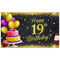 thumbnail image 1 of Glittery Black Background Happy 19th Birthday Banner with Balloons Cakes and Stars Party Supplies Photography Props Birthday Decoration Decor Backdrop, 1 of 7