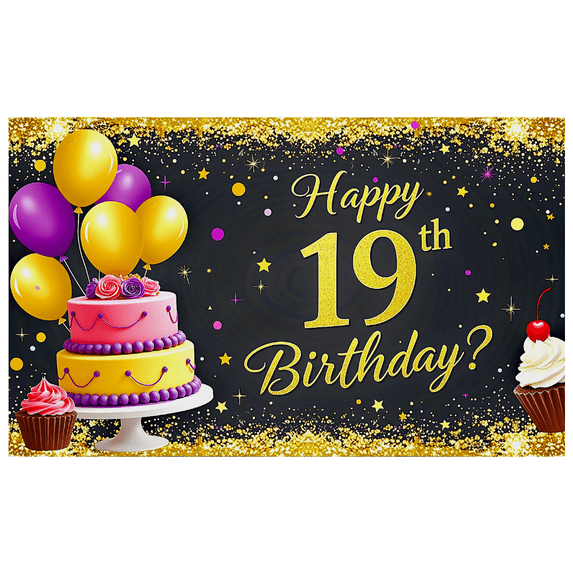 Glittery Black Background Happy 19th Birthday Banner with Balloons Cakes and Stars Party Supplies Photography Props Birthday Decoration Decor Backdrop