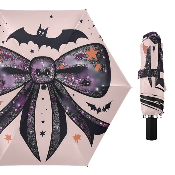 Glittery Bow with Bats Compact Sun Umbrella Windproof Travel Umbrellas for Rain Strong Portable UV Protection