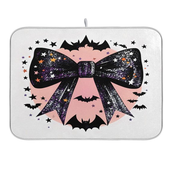 Glittery Bow with Bats Silhouette Dish Drying Mat 16x18 Absorbent Microfiber Draining Rack Pad for Kitchen Counter Sink