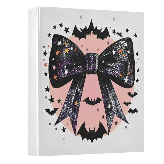 Glittery Bow with Bats Silhouette Hardcover 3 Ring Binder 1.5” Round Rings Letter Size Paper Pockets for School Office Supplies