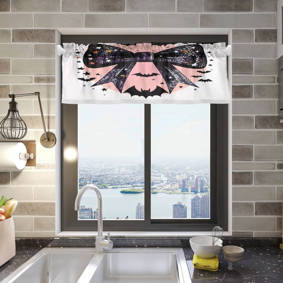 Glittery Bow with Bats Silhouette Valance Curtains Rod Pocket for Kitchen Living Room Windows Farmhouse Decor 54x18