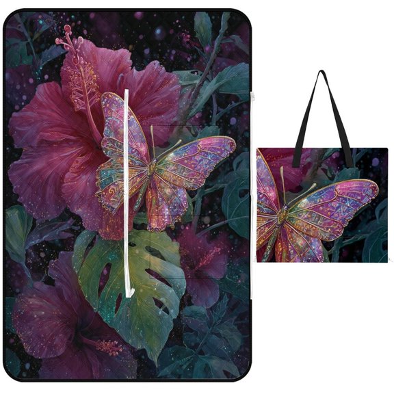 Glittery Butterfly Rests Hibiscus Flower Garden Picnic Blanket Waterproof Outdoor Beach Blanket Hand-held Pad Suitable for Travel, Camping, Beach, Family Gatherings
