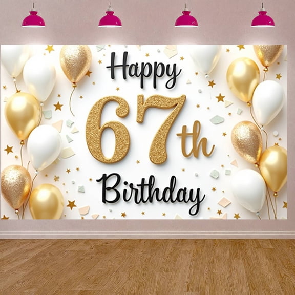 Glittery Design Happy 67th Birthday Banner Gold Number 67th Birthday Display Colorful Balloons Polka Dot Pattern Birthday Backdrop for 67th Birthday Party Indoor Decoration Photo Shoot