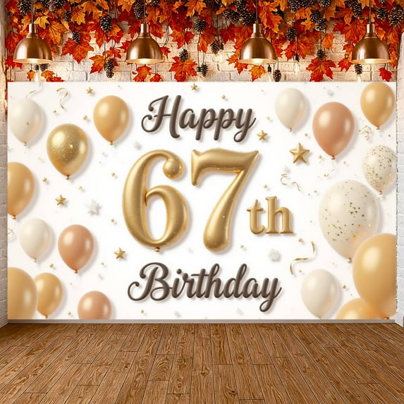 Glittery Design Happy 67th Birthday Banner Gold Number 67th Birthday Display Colorful Balloons Polka Dot Pattern Birthday Backdrop for 67th Birthday Party Indoor Decoration Photo Shoot