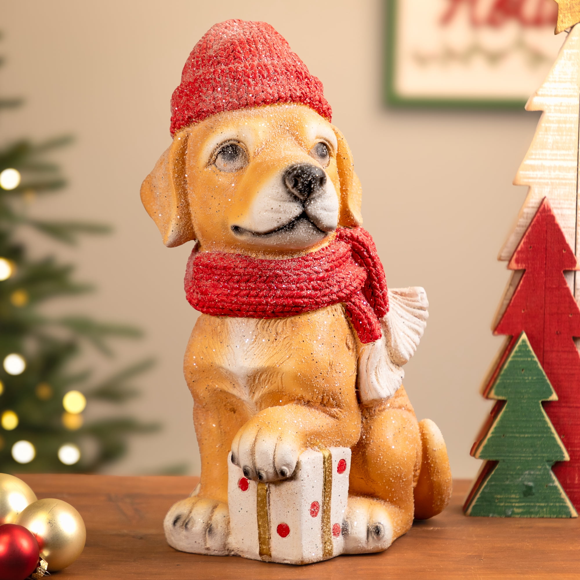 Glittery Dog with Gift Wearing Scarf and Hat Christmas Decoration - 15"