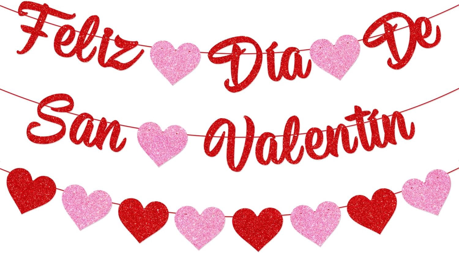 Glittery Feliz Dia De San Valentin Banner with Heart Red Pink Happy Valentines Day Banner Valentines Day Feliz Dia De San Valentin Party Fireplace Mantle Decorations Supplies