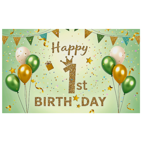 Glittery Gold 1st Birthday Banner with Crown Balloons and Party Flags Background, Ideal for Birthday Party Decorations Photography Props Happy Birthday Celebrations