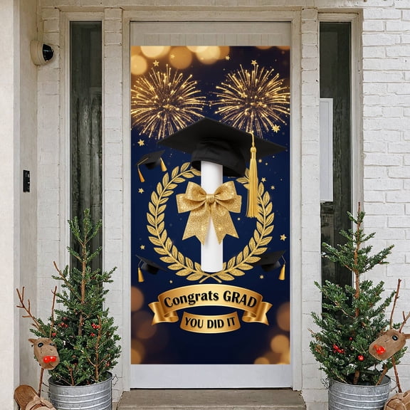 Glittery Gold Congrats Grad Banner Navy Blue Graduation Backdrop Sparkling Firework Design Golden Laurel Wreath Display for Graduation Ceremony Graduation Party Photo Session