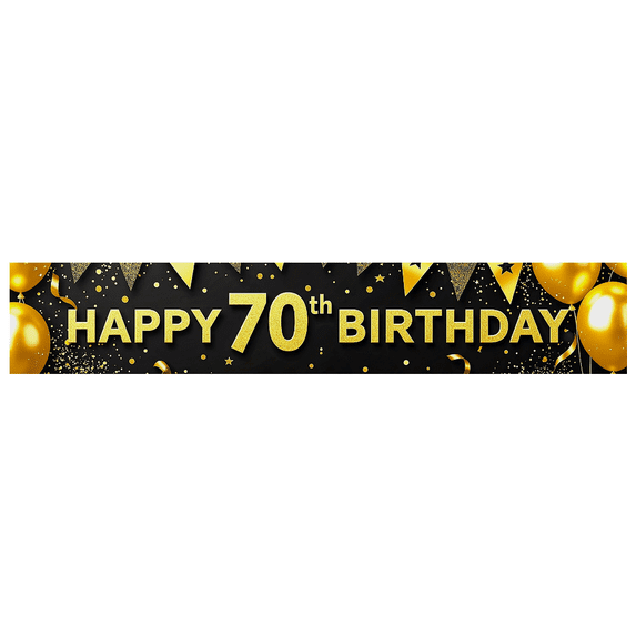 Glittery Golden Happy 70th Birthday Banner with Balloons Streamers and Stars Background Decoration for Birthday Party Celebrations Photography Props Party Supplies