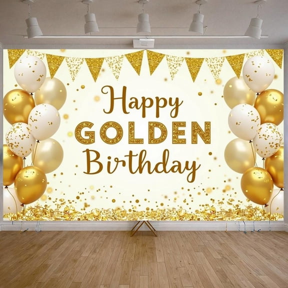 Glittery Happy Golden Birthday Banner Star-themed Golden Birthday Banner Balloon Decorated Dripping Design Celebration Banner for Birthday Party Anniversary Celebration Indoor Decoration