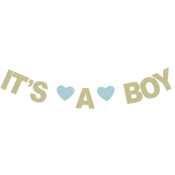 Glittery IT'S A BOY Banner for Gender Reveal Party Baby Shower Supply Boy Birthday Decorations Paper Sign - Gold and Blue Hearts