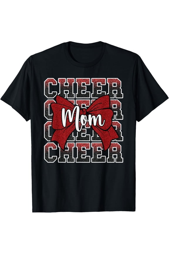 Glittery Red Cheer Mom Mama Bow Sport Cheerleading T-Shirt for Game Day Support